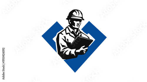 A silhouette of a worker in a hard hat holding a clipboard inside two blue diamond shapes