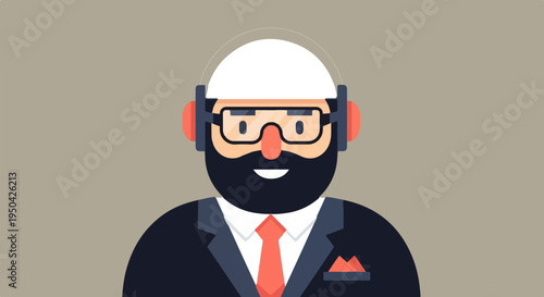 Bearded man in suit, glasses, and headphones on grey background