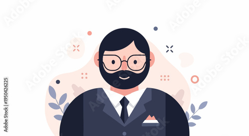 A stylized portrait of a bearded man in a suit with glasses