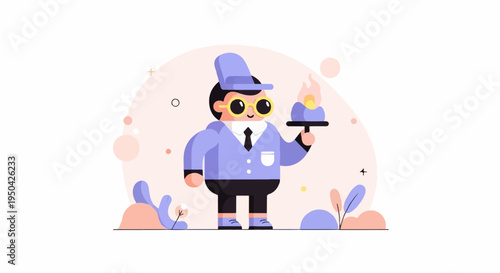 A stylized character with round glasses holds a tray with a lit object