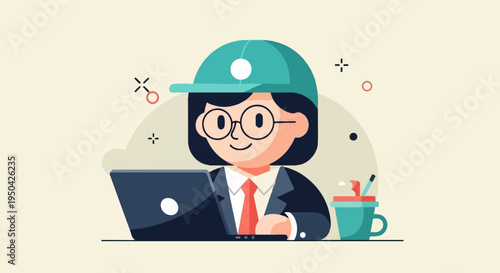 Animated person wearing a cap and glasses works on a laptop