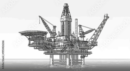 Detailed black and white illustration of an offshore oil drilling platform in the ocean.