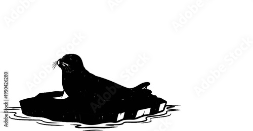Black and white drawing of a seal resting on an ice floe in water