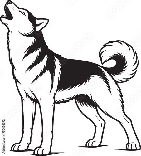 Siberian Husky Howling Side View Black and White Line Art Illustration