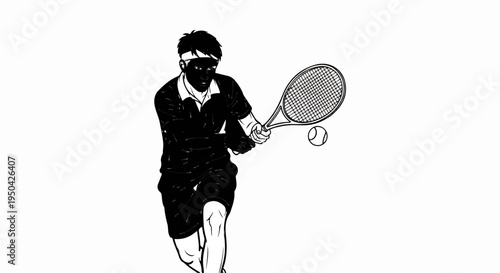 Black and white drawing of a tennis player mid-swing with a racket and ball