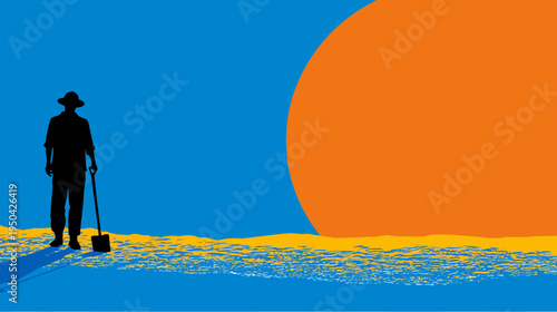 A silhouette of a farmer with a shovel against a bright orange sun over water