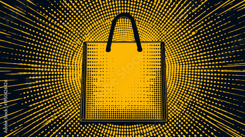 A yellow shopping bag with black outlines and handles centered against a halftone background