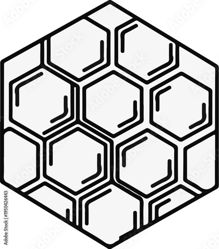 Black and white graphic of a honeycomb structure