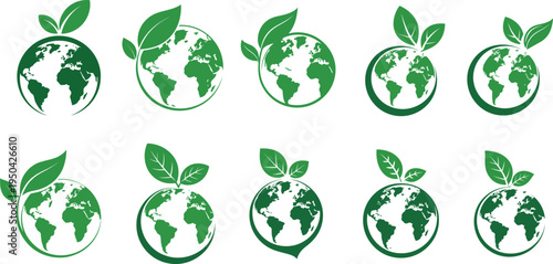 Set of 10 eco globe icons vector, green earth illustrations over white background