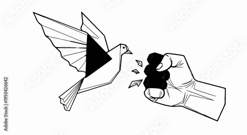 A stylized dove with a black triangle on its wing is released from a clenched fist