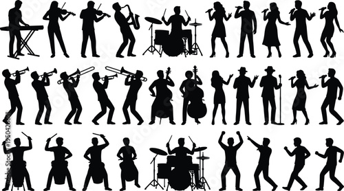 Musician silhouette icon set, band performance graphics, instrument and singer figures, live concert entertainment symbols, black vector, white background