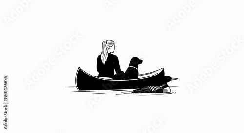 Black and white illustration of a person and dog in a canoe with a bird on water