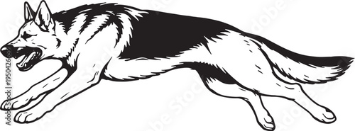 German Shepherd Running Sprint Side View Black and White Line Art Illustration