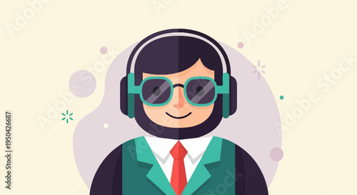 A stylized portrait of a person wearing headphones, glasses, and a suit