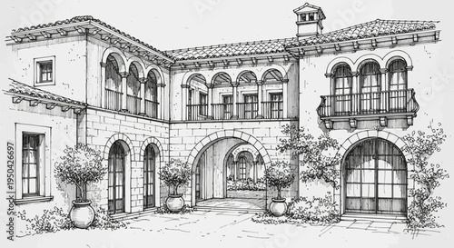 Detailed architectural sketch of a Mediterranean-style villa with a central courtyard and arched walkways.