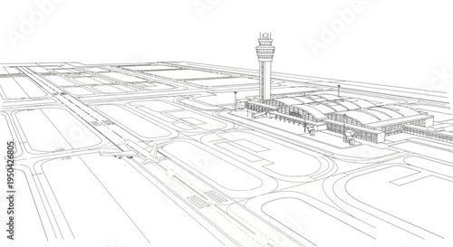 Architectural line drawing of a modern airport layout with runways, terminal building, and control tower.
