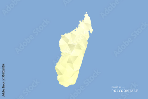 Madagascar Map in low poly polygon vector style, geometric shape illustration with soft yellow tones on blue background, clean silhouette for infographic.