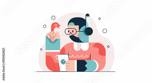 Abstract illustration of a person wearing diving gear, holding a cup