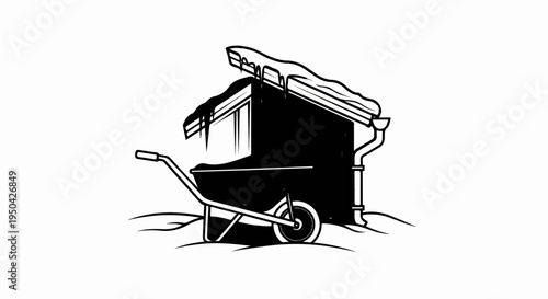 Black and white illustration of a wheelbarrow in front of a snow-covered structure