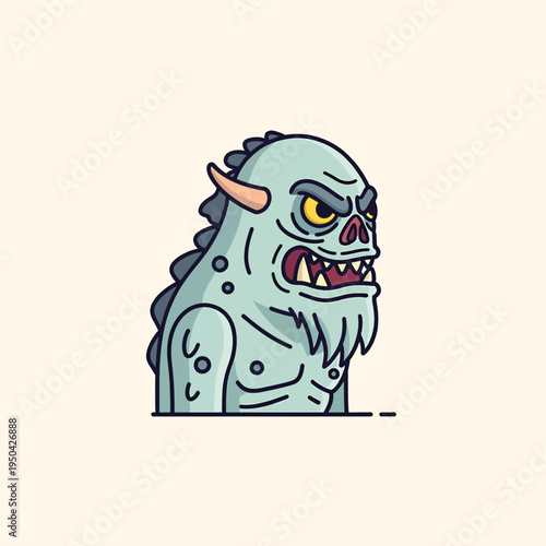 A cartoon depiction of a monster in a half-body pose, boasting a light blue skin, one horn, and ferocious facial features
