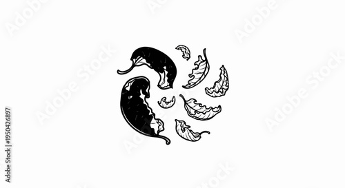 Black and white illustration of dark, withered leaves scattered in a circular pattern