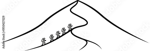 A winding path leads small figures up a stark mountain