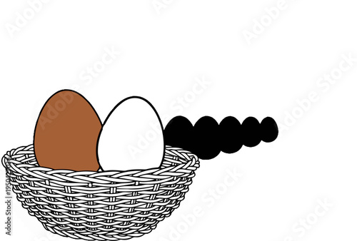 A wicker basket holds two eggs, one brown and one white, with black eggs extending behind