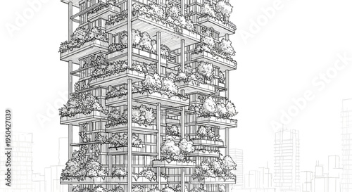 Detailed architectural drawing of a vertical farm skyscraper concept in an urban setting.