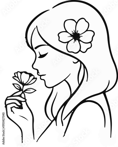 A stylized profile of a person smelling a delicate flower, with another flower in their hair