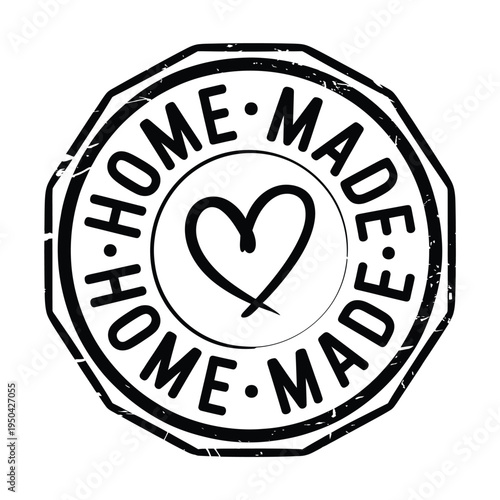 Circular stamp proclaiming homemade with a heart illustration inside