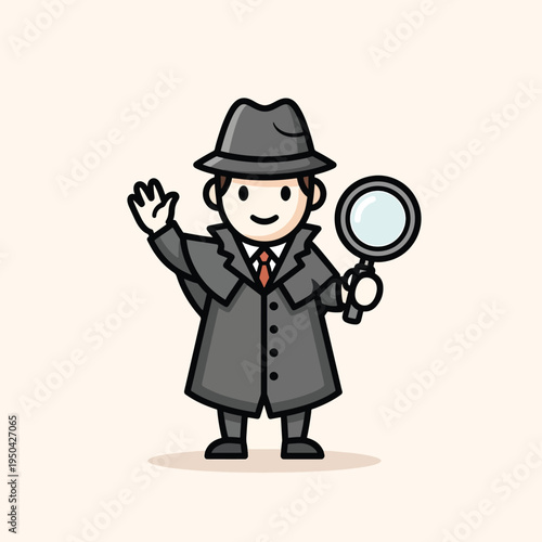 A cartoon detective with a trench coat, fedora, magnifying glass, and friendly wave. The illustration style is minimalist and uses bold outlines