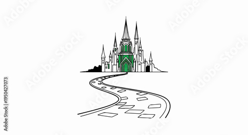 A winding path leads to a grand, fantastical castle with green accents