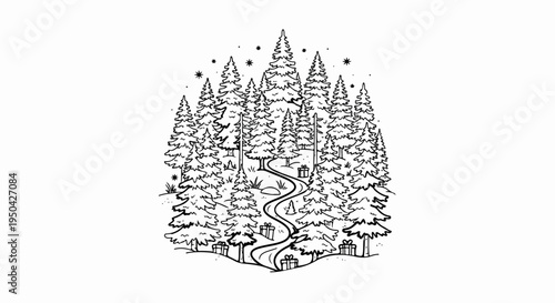 A winding path through a snowy forest adorned with gifts and stars