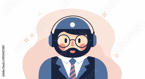A stylized, flat illustration of a person wearing headphones and glasses