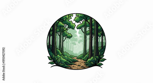 A winding path through a misty forest with lush green foliage