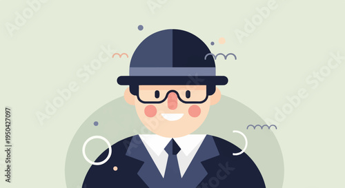 A stylized, flat illustration of a smiling person in a suit and hat