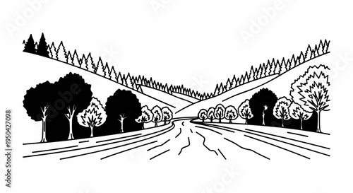 A winding road curves through a valley lined with trees and hills