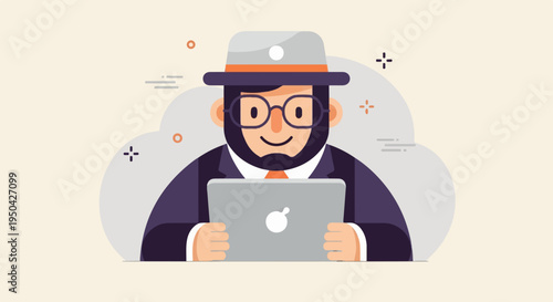 A stylized flat illustration of a bearded man in a hat and suit using a laptop