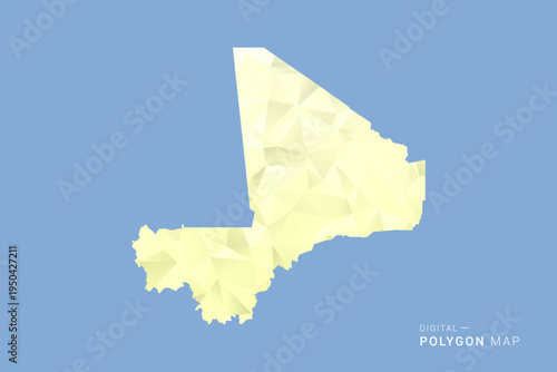Mali Map in low poly polygon vector style, geometric shape illustration with soft yellow tones on blue background, clean silhouette for infographic.
