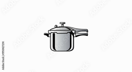 A stylized graphic of a metallic pressure cooker with handles and a lid valve