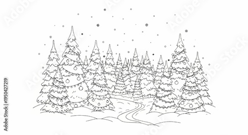 A winter wonderland scene with a path winding through decorated pine trees in the snow