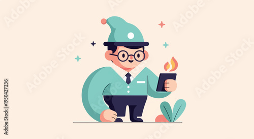 A stylized figure in a teal hat holding a flaming object
