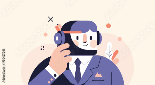 A stylized figure in a suit and headset, with abstract shapes and plants