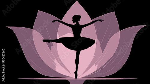 Silhouetted ballet dancer with arms outstretched, standing on point within a lotus flower