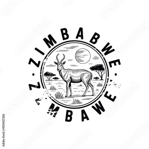 Zimbabwe emblem featuring an antelope sun and savanna landscape design