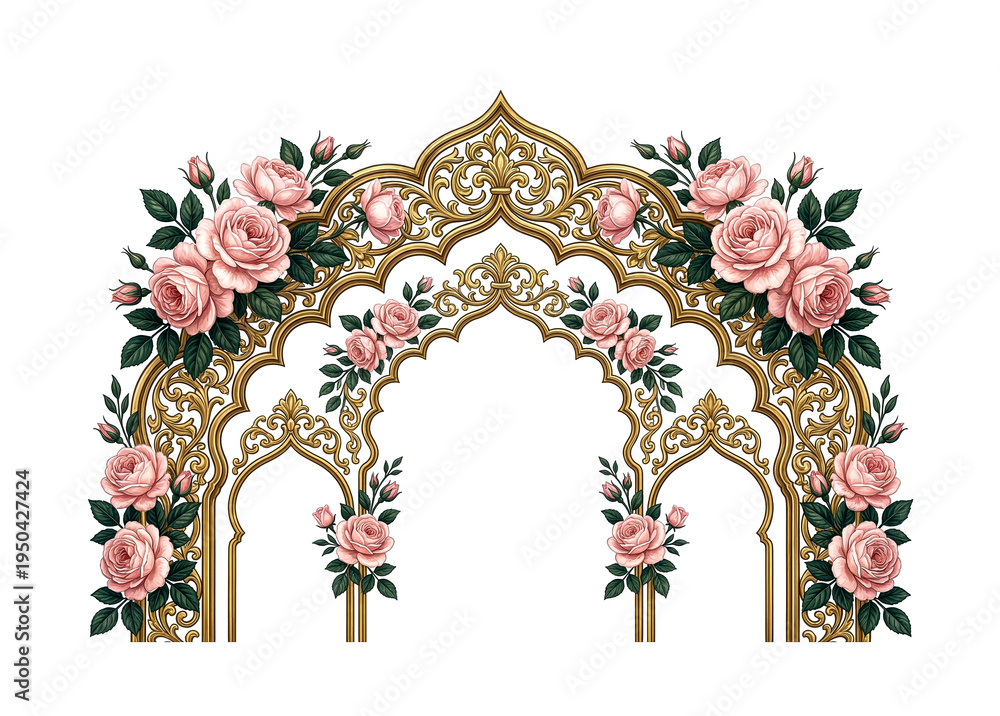Obraz premium An ornate golden archway adorned with delicate pink roses and lush green foliage on transparent background high-quality