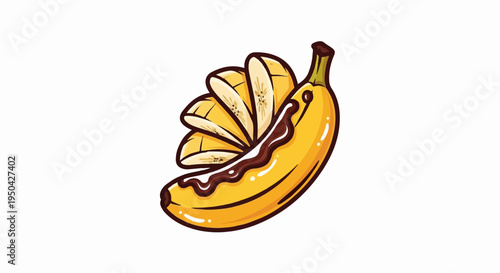 A stylized, illustrated banana partially peeled and drizzled with chocolate