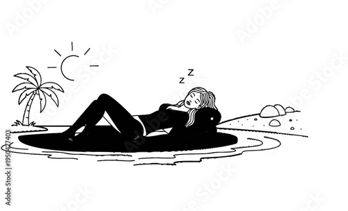 A woman sleeps on a beach under a sun next to a palm tree