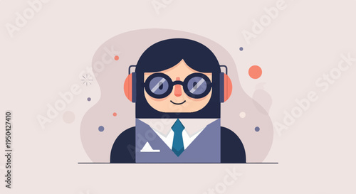 A stylized character with headphones and glasses wears a suit and tie