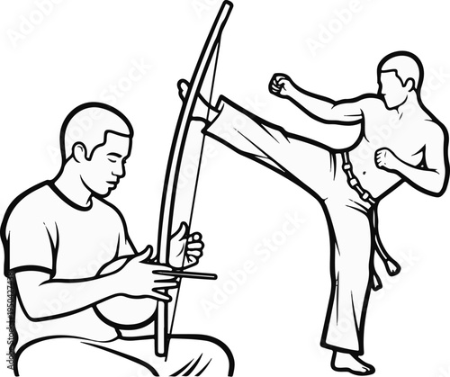 A stylized illustration depicts a musician playing a berimbau while a martial artist performs a kick
